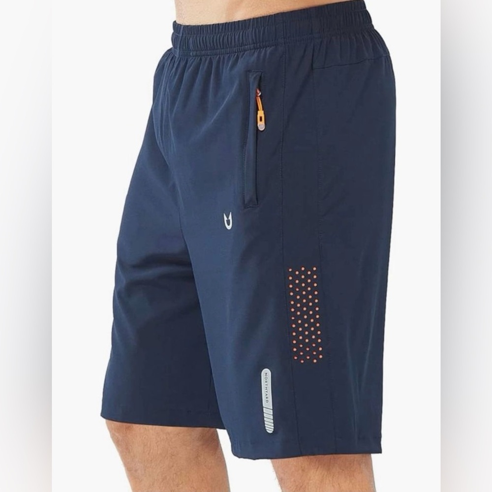 Men's Dark Blue Athletic Shorts with Orange Accents